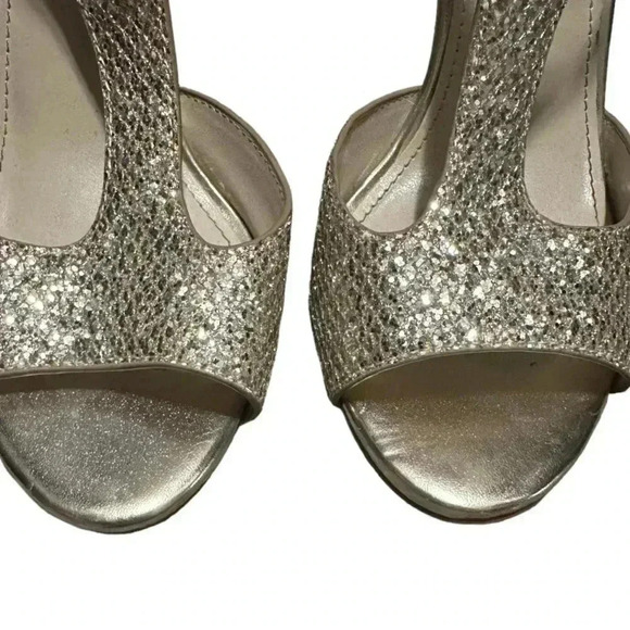 Davids Bridal Womens Sz 8 1/2 Gold Glitter Stiletto Heel Ankle Strap Zipper Heel - Picture 5 of 8